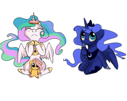 Size: 2500x2000 | Tagged: dead source, safe, artist:miokomata, character:fluttershy, character:princess celestia, character:princess luna, species:alicorn, species:pegasus, species:pony, cute, cutelestia, donut, female, food, lunabetes, mare, plushie, royal sisters, simple background, sitting, smiling, transparent background
