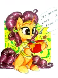 Size: 1339x1791 | Tagged: safe, artist:liaaqila, character:saffron masala, species:pony, species:unicorn, bowl, clothing, cute, dialogue, female, food, it's gonna work, mare, saffronbetes, smiling, solo, traditional art