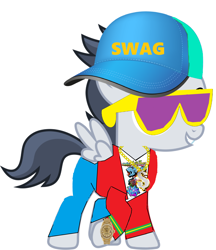 Size: 3120x3608 | Tagged: safe, artist:frownfactory, artist:jawsandgumballfan24, edit, character:rumble, species:pegasus, species:pony, baseball cap, bling, cap, clothing, colt, gold chains, graffiti, hat, jacket, male, pants, rapper, shirt, simple background, solo, sunglasses, swag, watch, white background