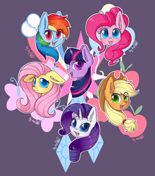 Size: 3064x3484 | Tagged: safe, artist:dsp2003, part of a set, character:applejack, character:fluttershy, character:pinkie pie, character:rainbow dash, character:rarity, character:twilight sparkle, species:earth pony, species:pegasus, species:pony, species:unicorn, blep, blushing, bust, clothing, cowboy hat, cutie mark, cutie mark background, ear fluff, female, floppy ears, hat, high res, looking at you, mane six, mare, open mouth, purple background, signature, silly, simple background, tongue out, white outline