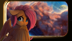 Size: 1920x1080 | Tagged: safe, artist:jengas, artist:miokomata, edit, character:fluttershy, species:pony, cute, female, galaxy, mare, science fiction, shyabetes, solo, space, spaceship, spread wings, treasure planet, window, wings