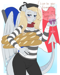 Size: 2000x2500 | Tagged: safe, artist:evomanaphy, oc, oc only, oc:ardana, species:anthro, species:dracony, species:pony, anthro oc, beret, bread, clothing, dialogue, female, flirting, food, french, glass, hat, hybrid, looking at you, mare, solo, speech bubble, wine glass