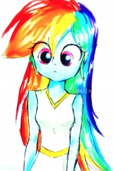 Size: 1549x2326 | Tagged: safe, artist:liaaqila, character:rainbow dash, my little pony:equestria girls, cute, female, looking at you, simple background, solo, traditional art