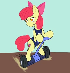 Size: 1958x2048 | Tagged: safe, artist:omegapony16, character:apple bloom, species:earth pony, species:pony, bipedal, bow, clothing, colored, cutie mark, female, filly, hair bow, japanese, looking back, one-piece swimsuit, segway, solo, swimsuit, the cmc's cutie marks