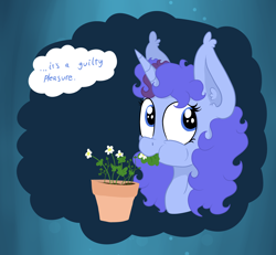 Size: 3150x2916 | Tagged: safe, artist:paskanaakka, derpibooru original, oc, oc only, oc:midnight dew, species:pony, species:unicorn, abstract background, bust, dialogue, eating, female, flower, flower pot, herbivore, horses doing horse things, mare, portrait, solo