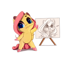 Size: 2000x1600 | Tagged: dead source, safe, artist:miokomata, character:fluttershy, species:pegasus, species:pony, bipedal, butts, chibi, colored hooves, cute, dialogue, drawing, eye reflection, fangs, female, freckles, mouth hold, open mouth, pencil, pencil drawing, plot, reflection, shyabetes, simple background, sketch, smiling, solo, traditional art, transparent background, wingding eyes