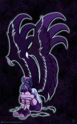 Size: 900x1456 | Tagged: safe, artist:inuhoshi-to-darkpen, character:midnight sparkle, character:twilight sparkle, character:twilight sparkle (scitwi), species:eqg human, equestria girls:legend of everfree, g4, my little pony: equestria girls, my little pony:equestria girls, black background, camp everfree outfits, clothing, converse, crying, darkness, female, midnight sparkle, ponytail, sad, shoes, simple background, sitting, solo, the midnight in me, wings