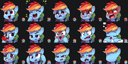 Size: 1530x768 | Tagged: safe, artist:assasinmonkey, edit, character:rainbow dash, species:pony, angry, apple, blushing, cloud, crying, cute, dashabetes, derp, emote, emotes, expressions, eyes closed, faec, female, floppy ears, food, frown, laughing, mare, no face, open mouth, puffy cheeks, sad, simple background, sleeping, smiling, wide eyes