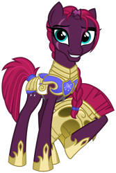 Size: 2000x3000 | Tagged: safe, alternate version, artist:cheezedoodle96, character:fizzlepop berrytwist, character:tempest shadow, species:pony, species:unicorn, my little pony: the movie (2017), .svg available, alternate hairstyle, armor, braid, broken horn, eye scar, female, grin, headcanon, helmet, hoof hold, looking at you, mare, raised hoof, reformed, royal guard, royal guard armor, scar, show accurate, simple background, smiling, solo, svg, tail wrap, tempest becomes a royal guard, transparent background, vector