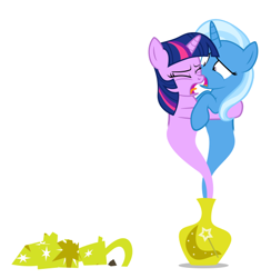 Size: 478x490 | Tagged: safe, artist:navitaserussirus, character:trixie, character:twilight sparkle, asktwixiegenies, ship:twixie, cropped, female, genie, lesbian, shipping