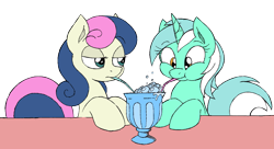Size: 1264x690 | Tagged: safe, artist:asher12, artist:joey darkmeat, character:bon bon, character:lyra heartstrings, character:sweetie drops, species:earth pony, species:pony, species:unicorn, drink, duo, duo female, female, mare, milkshake, sharing a drink, simple background, straw, transparent background