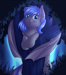 Size: 1134x1280 | Tagged: safe, artist:sugaryviolet, oc, oc only, oc:moonslurps, species:bat pony, species:pony, bat pony oc, commission, cute, cute little fangs, digital art, fangs, female, looking at you, male, mare, night, ocbetes, smiling, solo, tree