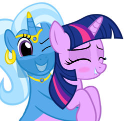 Size: 1024x996 | Tagged: safe, artist:navitaserussirus, edit, character:trixie, character:twilight sparkle, ship:twixie, cropped, ear piercing, earring, female, genie, headdress, horn cap, horn jewelry, jewelry, lesbian, lip bite, necklace, piercing, shipping, veil