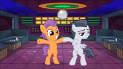 Size: 1451x815 | Tagged: safe, artist:frownfactory, artist:jawsandgumballfan24, artist:sollace, edit, character:rumble, character:tender taps, species:earth pony, species:pegasus, species:pony, bipedal, colt, dancing, disco ball, gay, male, rumbletaps, shipping, smiling
