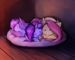 Size: 2500x2000 | Tagged: safe, artist:miokomata, character:fluttershy, oc, oc:dazzling talents, species:alicorn, species:pegasus, species:pony, alicorn oc, cuddling, cute, duo, female, freckles, mare, prone, shyabetes, sleeping, smiling