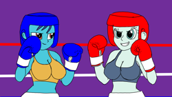 Size: 1280x720 | Tagged: safe, artist:toyminator900, character:coloratura, character:princess ember, my little pony:equestria girls, boxing, clothing, equestria girls-ified, midriff, sports, sports bra