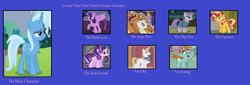 Size: 1620x548 | Tagged: safe, artist:themexicanpunisher, character:adagio dazzle, character:maud pie, character:prince blueblood, character:snips, character:starlight glimmer, character:sunset shimmer, character:trixie, character:twilight sparkle, character:twilight sparkle (alicorn), species:alicorn, species:pony, ship:bluetrix, ship:mauxie, ship:startrix, ship:suntrix, ship:triagio, ship:twixie, female, harem, lesbian, male, meme, shipping, straight, trips, trixie gets all the mares, trixie gets all the stallions