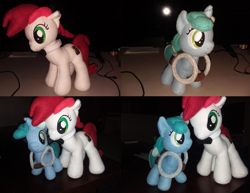 Size: 1501x1157 | Tagged: safe, artist:pearlyiridescence, oc, oc:appleale, oc:sweetwater, species:earth pony, species:pony, species:unicorn, bow tie, female, filly, goggles, mare, plushie, small