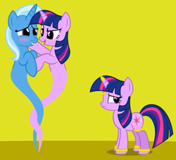 Size: 629x571 | Tagged: safe, artist:navitaserussirus, edit, character:trixie, character:twilight sparkle, asktwixiegenies, ship:twixie, ask genie twilight, cropped, duality, female, genie, lesbian, ponidox, self ponidox, shipping