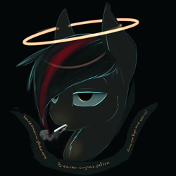 Size: 3000x3000 | Tagged: safe, artist:chapaevv, oc, species:pony, bust, cigarette, cyrillic, halo, lidded eyes, looking away, portrait, russian, smoking, solo, text, translated in the comments, vulgar