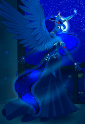 Size: 2565x3750 | Tagged: safe, artist:longinius, artist:stasyan1902, edit, character:princess luna, species:alicorn, species:anthro, species:pony, balcony, beautiful, clothing, colored, dress, evening gloves, feather, female, fingerless gloves, full moon, gloves, glow, glowing horn, gown, headdress, horn jewelry, jewelry, lidded eyes, long gloves, looking at you, looking back, looking back at you, magic, mare, moon, necklace, night, pearl necklace, sky, solo, spread wings, tail wrap, tiara, wind, wing fluff, wings