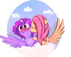 Size: 2500x2000 | Tagged: dead source, safe, artist:miokomata, character:fluttershy, oc, oc:dazzling talents, species:alicorn, species:pegasus, species:pony, alicorn oc, blushing, canon x oc, cloud, female, freckles, kissing, lesbian, mare, not twilight sparkle, simple background, sky, transparent background