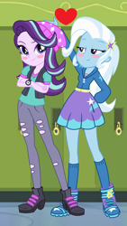 Size: 2096x3728 | Tagged: safe, artist:favoriteartman, artist:rodan00, artist:sketchmcreations, artist:themexicanpunisher, character:starlight glimmer, character:trixie, ship:startrix, my little pony:equestria girls, beanie, canterlot high, clothing, crossed arms, female, hat, heart, lesbian, shipping, vest, watch