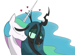 Size: 1461x1074 | Tagged: safe, artist:moonatik, character:princess celestia, character:queen chrysalis, ship:chryslestia, cute, cutealis, eyeshadow, fangs, female, gift art, heart, lesbian, love, makeup, shipping, simple background, tongue out, transparent background