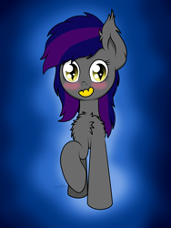 Size: 1536x2048 | Tagged: safe, artist:kimjoman, oc, oc only, oc:firestarter, species:bat pony, species:pony, chest fluff, commission, cute, ear fluff, female, fluffy, food, fruit, gradient background, looking at you, mango, mouth hold, nom, one hoof raised, solo, standing
