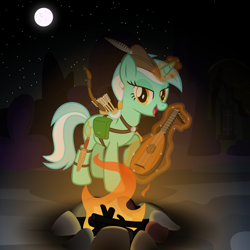 Size: 3600x3600 | Tagged: safe, artist:cheezedoodle96, character:lyra heartstrings, species:pony, alternate hairstyle, archer, arrow, bard, bedroom eyes, bow (weapon), bow and arrow, campfire, dungeons and dragons, ear piercing, earring, fantasy class, female, harness, jewelry, looking at you, lute, mare, moon, night, open mouth, piercing, quiver, singing, smiling, solo, tack, vector, weapon