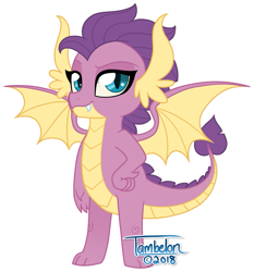Size: 765x820 | Tagged: safe, artist:tambelon, oc, oc only, oc:sizzle, parent:smolder, parent:spike, parents:spolder, species:dragon, female, horns, offspring, show accurate, solo
