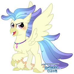 Size: 900x907 | Tagged: safe, artist:tambelon, oc, oc only, oc:prince skystrike, parent:princess skystar, species:classical hippogriff, species:hippogriff, feathered fetlocks, freckles, jewelry, male, necklace, offspring, raised claw, simple background, solo, white background
