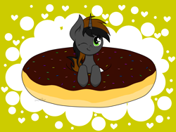 Size: 2048x1536 | Tagged: safe, artist:kimjoman, oc, oc only, species:pony, species:unicorn, commission, cute, donut, fangs, female, food, heart, looking at you, ocbetes, one eye closed, solo, sprinkles, wink