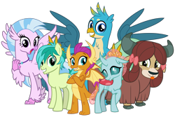 Size: 6000x4000 | Tagged: safe, artist:cheezedoodle96, character:gallus, character:ocellus, character:sandbar, character:silverstream, character:smolder, character:yona, species:changeling, species:classical hippogriff, species:dragon, species:earth pony, species:griffon, species:hippogriff, species:pony, species:reformed changeling, species:yak, episode:school daze, g4, my little pony: friendship is magic, .svg available, absurd resolution, blep, bunny ears (gesture), cloven hooves, crossed arms, crossed legs, cute, cuteling, diaocelles, diastreamies, excited, female, gallabetes, gasp, group, group photo, happy, jewelry, looking at you, male, monkey swings, necklace, open mouth, pose, sandabetes, shy, silly, simple background, smiling, smolderbetes, spread wings, student six, svg, teenager, tongue out, transparent background, vector, wings, yonadorable