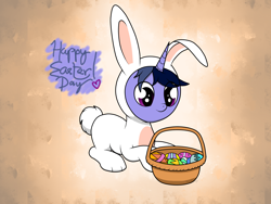 Size: 2048x1536 | Tagged: safe, artist:kimjoman, oc, oc only, oc:purple flix, species:pony, animal costume, bunny costume, clothing, costume, cute, easter, easter bunny, easter egg, gradient background, holiday, male, sitting, solo, text, youtube link
