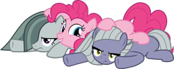 Size: 5164x2040 | Tagged: safe, artist:frownfactory, character:limestone pie, character:marble pie, character:pinkie pie, species:earth pony, species:pony, episode:the maud couple, g4, my little pony: friendship is magic, .svg available, annoyed, female, happy, lying on top of someone, mare, pie sisters, pile, siblings, simple background, sisters, svg, transparent background, trio, vector