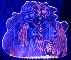 Size: 1774x1480 | Tagged: safe, artist:irfp250n, artist:jitterbugjive, character:princess celestia, character:princess luna, species:pony, acrylight, alicorns only, craft, crown, duo, duo female, engraving, female, hug, irl, jewelry, lidded eyes, mare, nightlight, photo, regalia, royal sisters, sisterly love, smiling, winghug