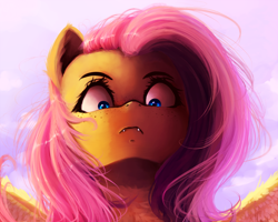 Size: 2500x2000 | Tagged: dead source, safe, artist:miokomata, character:fluttershy, species:bat pony, species:pegasus, species:pony, angry, cloud, fangs, female, freckles, frown, intimidating, looking at you, mare, solo, stare, this will end in pain