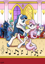 Size: 1637x2315 | Tagged: safe, artist:pony-berserker, character:fancypants, character:fleur-de-lis, character:kibitz, character:princess celestia, character:princess luna, species:alicorn, species:pony, species:unicorn, ship:fancyfleur, background pony, ballroom, ballroom dancing, bipedal, clothing, dancing, duo focus, female, i can't believe it's not idw, looking at each other, male, mare, music notes, royal sisters, shipping, smiling, stallion, straight