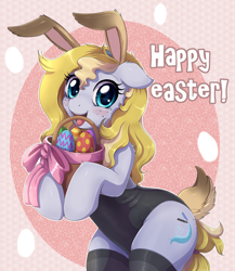 Size: 2000x2300 | Tagged: safe, artist:evomanaphy, oc, oc only, oc:evo, species:earth pony, species:pony, basket, bunny ears, bunny suit, clothing, cute, easter, easter basket, easter egg, female, floppy ears, freckles, holiday, leotard, looking at you, mare, open mouth, smiling, stockings, thigh highs