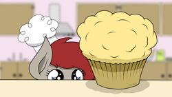 Size: 1920x1080 | Tagged: safe, artist:kimjoman, oc, oc only, oc:ponepony, species:pony, accessories, blurred background, chef's hat, clothing, cooking, cute, eyes on the prize, female, food, hat, heart eyes, kitchen, muffin, peeking, solo, wingding eyes