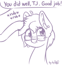 Size: 1024x1024 | Tagged: safe, artist:dsp2003, oc, oc only, oc:tjpones, species:earth pony, species:pony, blushing, bust, colt, comic, cute, ear fluff, ear piercing, earring, glasses, head pat, jewelry, male, monochrome, ocbetes, offscreen character, pat, piercing, scrunchy face, signature, simple background, single panel, sketch, stallion, white background