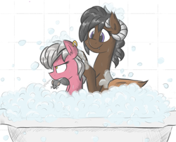 Size: 1217x977 | Tagged: safe, artist:flutterthrash, oc, oc only, oc:onyx quill, oc:sable sphinx, species:dracony, species:kirin, species:sphinx, bath, bathing, bathtub, bubble, cute, horns, hybrid, mouse, squeak, wings