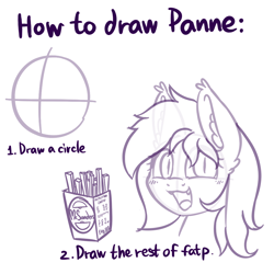 Size: 1024x1024 | Tagged: safe, artist:dsp2003, oc, oc:panne, species:bat pony, species:pony, bat pony oc, blushing, female, first you draw a circle, food, french fries, how to draw, how to draw an owl meme, looking at you, loss (meme), mare, meme, monochrome, open mouth, parody, sketch, that pony sure does love fries, tutorial