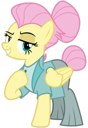 Size: 2200x3200 | Tagged: safe, artist:cheezedoodle96, character:fluttershy, species:pegasus, species:pony, episode:fake it 'til you make it, .svg available, alternate hairstyle, clothing, dreamworks face, female, hair bun, hoof on chest, jacket, looking at you, mare, pants, raised hoof, severeshy, shirt, simple background, smiling, solo, svg, tail bun, transparent background, vector