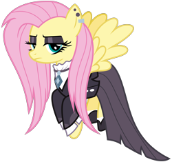 Size: 3400x3200 | Tagged: safe, artist:cheezedoodle96, character:fluttershy, species:pegasus, species:pony, episode:fake it 'til you make it, .svg available, alternate hairstyle, clothing, ear piercing, earring, eyeshadow, female, fluttergoth, flying, goth, jacket, jewel, jewelry, lidded eyes, looking at you, makeup, mare, necklace, piercing, ruffled shirt, simple background, slippers, solo, spread wings, svg, transparent background, vector, wings