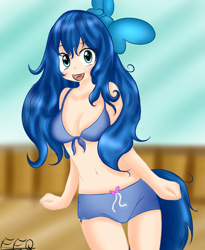 Size: 900x1100 | Tagged: safe, artist:freefraq, oc, oc only, oc:shiny slime, boxers, bra, cleavage, clothing, female, humanized, ribbon, solo, species swap, underwear