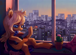 Size: 4014x2893 | Tagged: safe, artist:holivi, oc, oc only, oc:mirta whoowlms, species:pegasus, species:pony, acoustic guitar, cactus, city, classical guitar, clothing, commission, female, guitar, mare, scarf, signature, solo, sunset, underhoof, window, windowsill