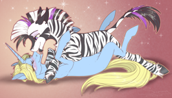 Size: 1748x1000 | Tagged: safe, artist:sunny way, rcf community, oc, oc only, oc:alhazred, oc:art's desire, species:pony, species:unicorn, species:zebra, abstract background, blushing, cheek fluff, chest fluff, cuddling, cute, eyes closed, female, floppy ears, fluffy, gradient background, grin, hoers, interspecies, kissing, leg fluff, legs in air, licking, lidded eyes, male, mare, misleading thumbnail, mlem, multicolored eyes, oc x oc, on back, on top, prone, shipping, silly, smiling, sparkles, stallion, stars, straight, tongue out, underhoof, unshorn fetlocks, zebra oc