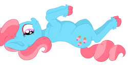 Size: 4767x2554 | Tagged: safe, artist:paskanaakka, derpibooru original, character:cup cake, species:earth pony, species:pony, butt freckles, colored hooves, ear fluff, eyeshadow, female, freckles, makeup, mare, on back, simple background, smiling, solo, transparent background, unshorn fetlocks